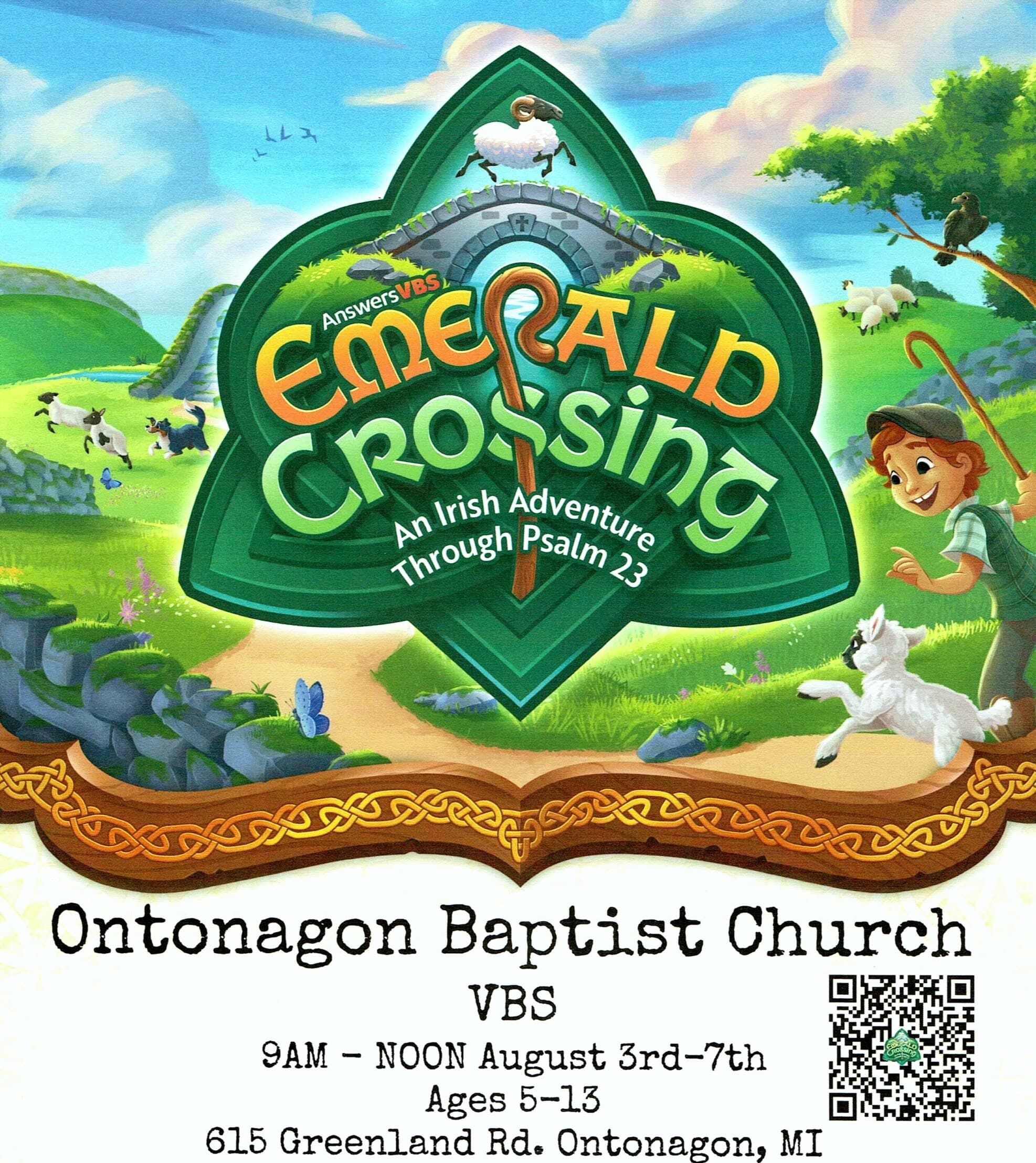 Emerald Crossing VBS flyer — a cartoon Irish hillside with sheep, a collie, a shepherd boy and a mossy stone bridge, above the church's name, the dates, ages five to thirteen, and the Greenland Road address
